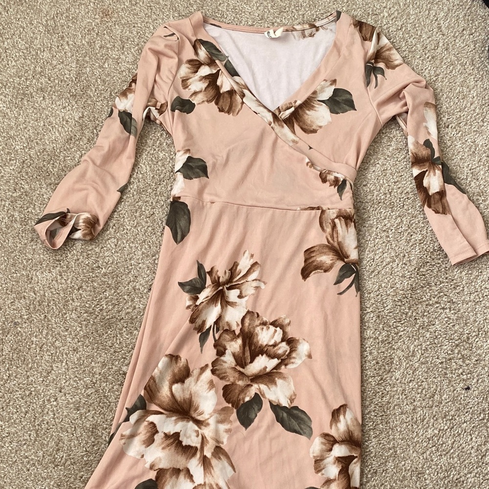 Hello MIZ Pink and Brown Floral Long Sleeve Maternity Dress